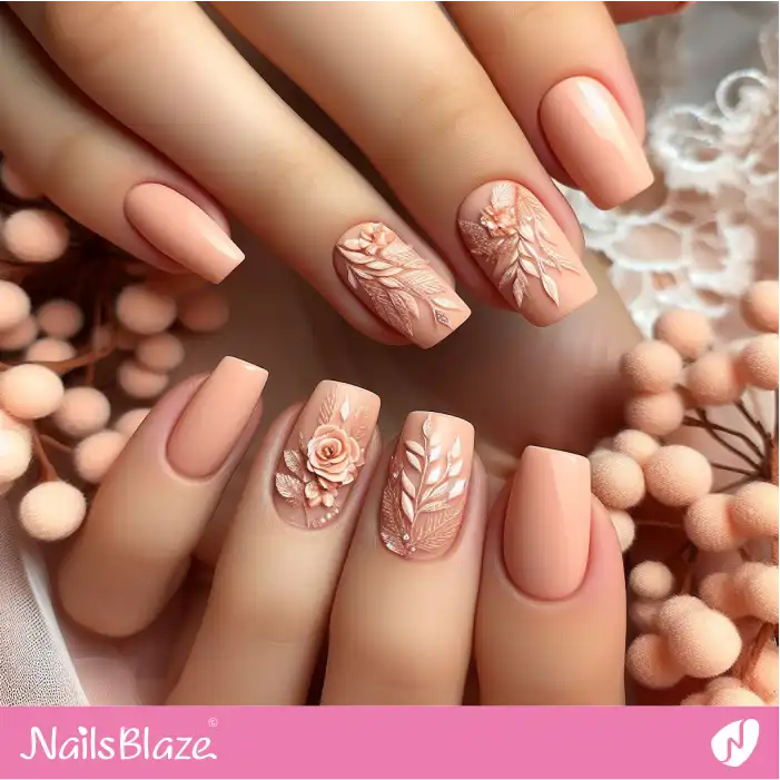 Peach Fuzz Leaf Nails for Wedding | Nature-inspired Nails - NB1674